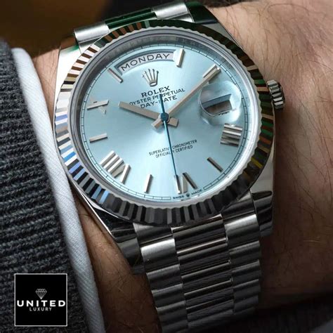 rolex day date platinum ice blue replica|rolex day date 40 series.